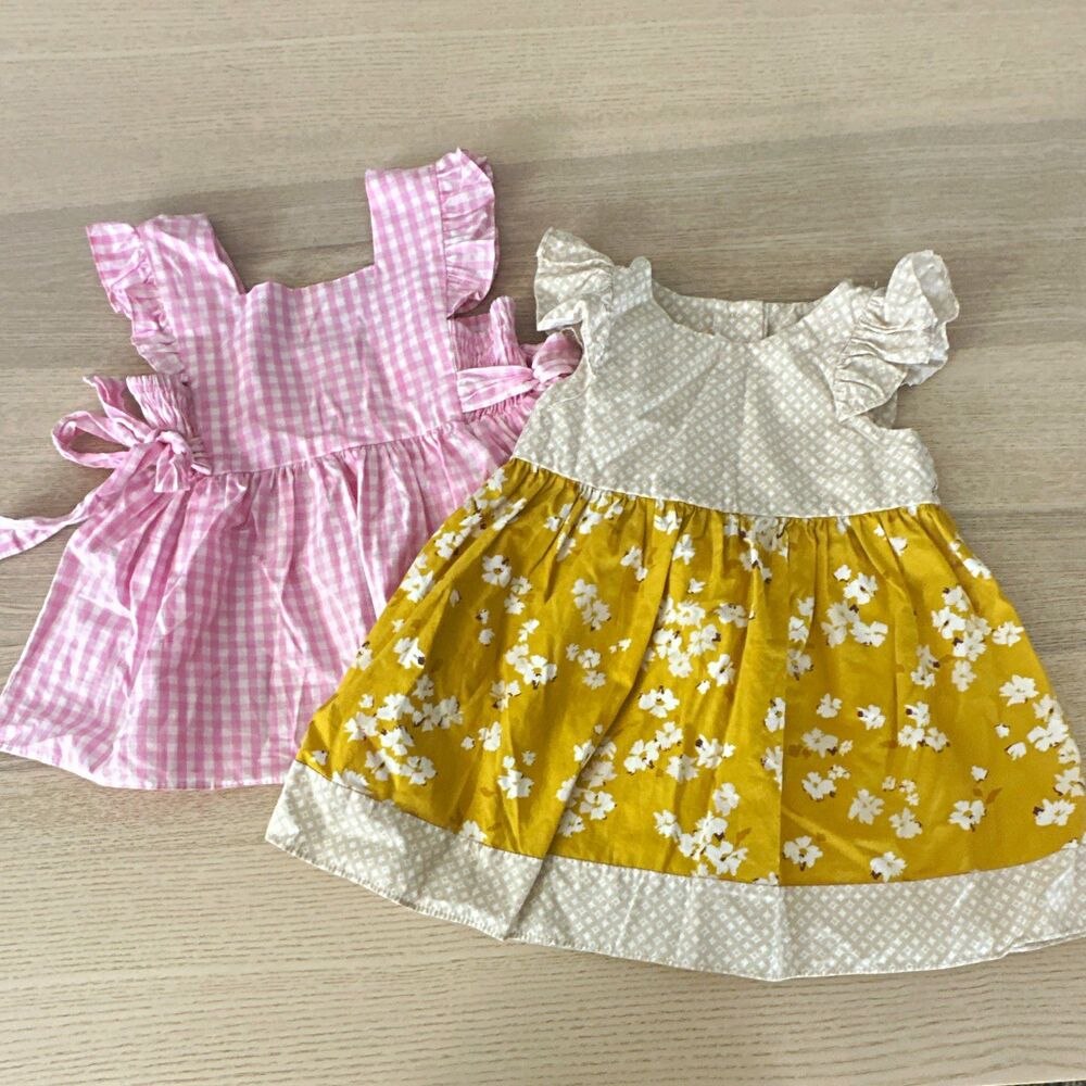 Ricrac & Ruffles Girls 2T 2pc Cotton Dress top Gingham Floral Ruffle Bow Button